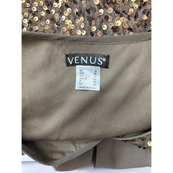 Sequin Embellished Venus Womens Dress V-Neck Sleeveless Khaki & Gold A-Line US S - Picture 7 of 11